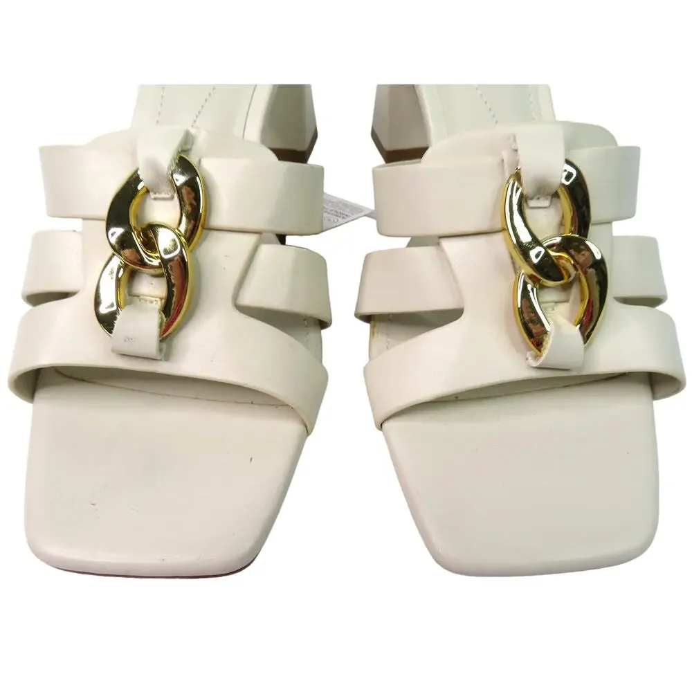 Nwt ZARA Cream Block Heeled Sandals w/ Gold Chain Detail Women 7.5 EU 38 - Picture 6 of 11